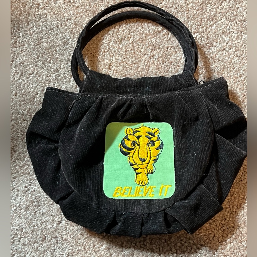 Adorable handmade bag with tiger, embroidered “believe it”